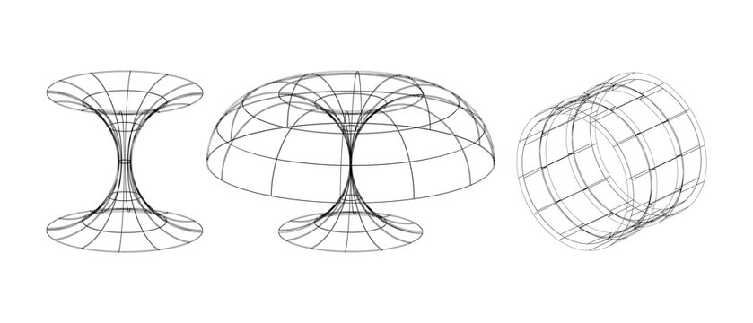 Wireframe 3D geometric surfaces illustration. Abstract mathematical shapes perfect for science