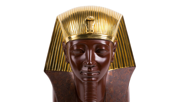 Dark brown pharaoh bust with golden nemes headdress and uraeus, isolated on transparent background