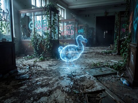 Ghostly Dodo Bird Appears in Abandoned Museum Hall with Graffiti and Overgrowth