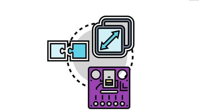 Adaptable system showing interconnected puzzle pieces, a circuit board, and scalable interface icons, representing flexibility, integration, and modularity in technological solutions