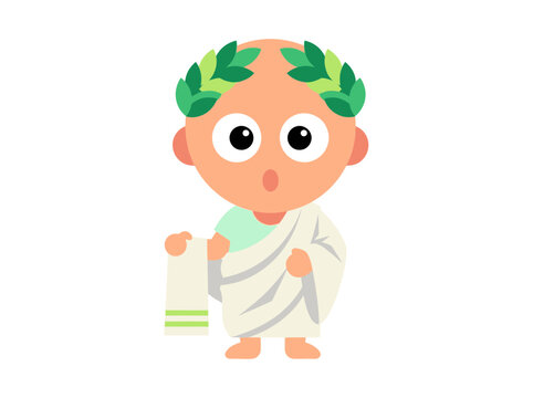 Cute cartoon character wearing a Roman toga and laurel wreath with a surprised expression, isolated vector illustration.