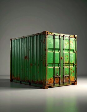 A weathered green shipping container sits on a reflective surface.