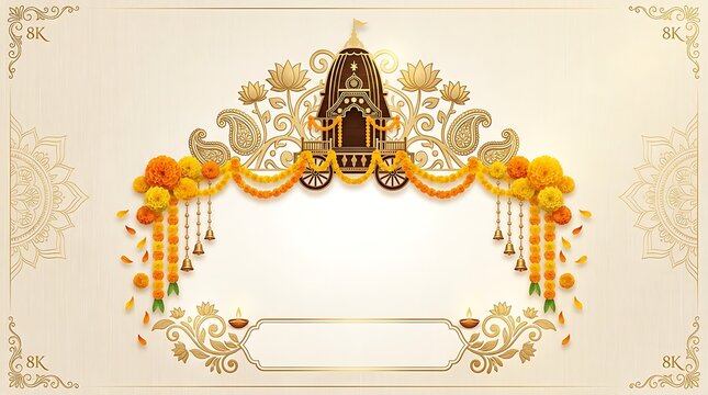 Decorative Indian festival background with traditional chariot and marigold flower garlands for celebration.