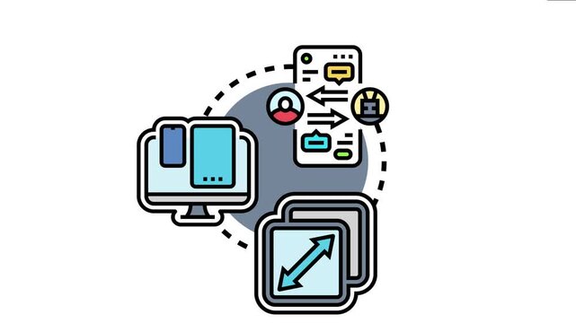 Adaptable user interface components concept showing responsive web design, cross platform compatibility, and flexible content layout across various digital devices