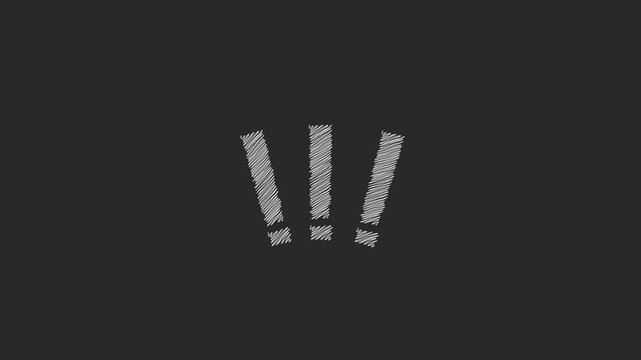 Scribble animation of three white sketch style exclamation marks on dark gray.
