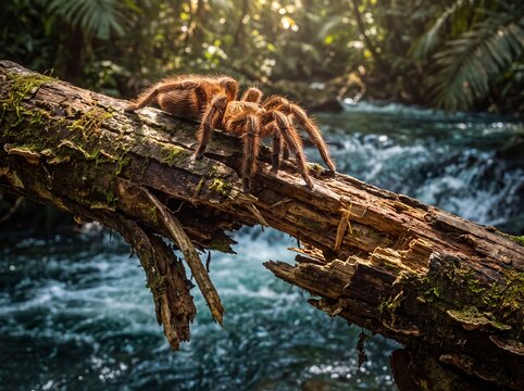 Giant Tarantula Spider Walks Across Mossy Log Over Flowing Forest River in Lush Jungle
