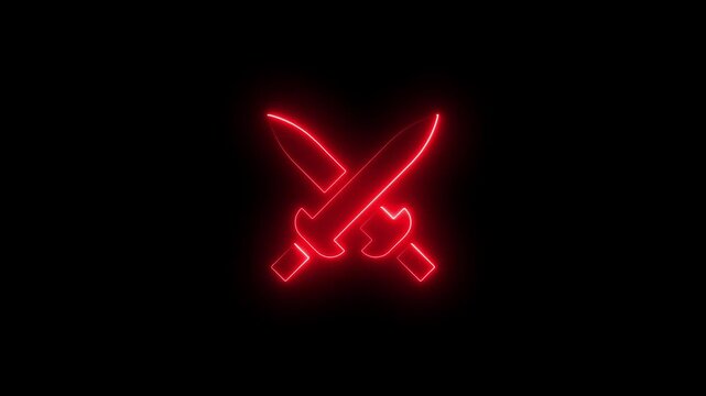 Glowing red neon crossed swords animation on black background, for gaming and, fantasy themes