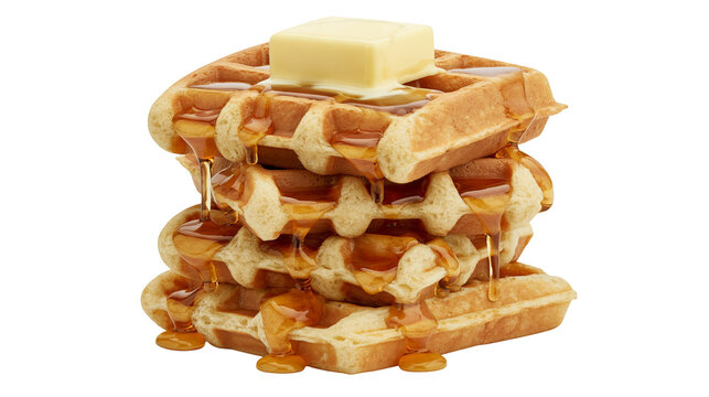 Stack of golden waffles with melting butter and dripping syrup, isolated on transparent background