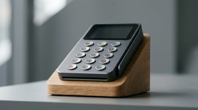 Modern electronic card payment terminal on a wooden stand.