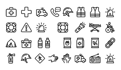 Fototapeta premium Weather and Natural Disaster Warning Outline Icon Set with Storm Lightning and Emergency Symbols