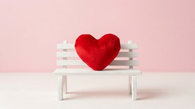 Red paper heart on white wooden bench symbolizing love and romance in minimalist setting