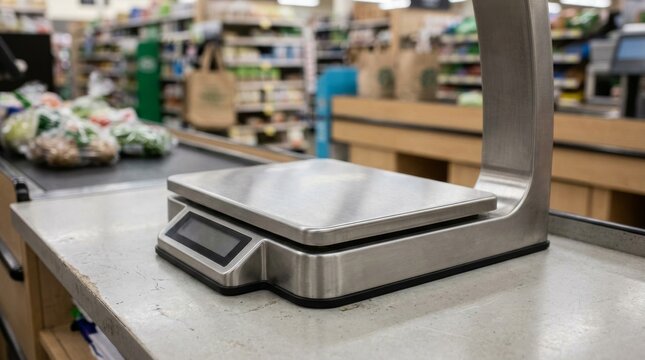 Digital retail checkout scale on a grocery store counter.