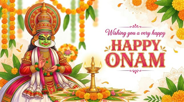 Kathakali dancer performing with traditional lamp and flower decoration for celebrating happy onam festival in kerala.