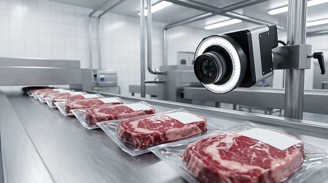 Automated quality control system for packaged raw meat steaks on production line with advanced camera inspection for food safety compliance in industrial facility.