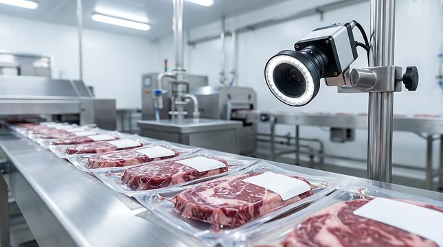 Automated quality control system for packaged raw meat steaks on production line with advanced camera inspection for food safety compliance in industrial facility.