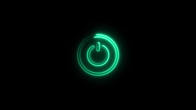 Glowing green colour power button icon animation technology shutdown screen turn on black background 4k video.