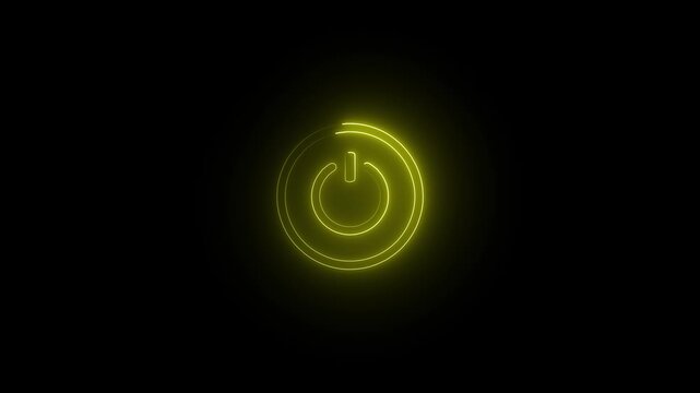 Glowing yellow colour power button icon animation technology shutdown screen turn on black background 4k video.