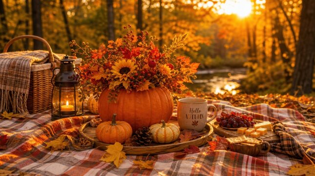 A cozy autumn picnic scene with pumpkins, fall flowers in a pumpkin vase, a lantern, cheese, grapes, and a mug reading "Hello Autumn" on a plaid blanket in a forest at sunset.