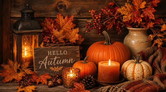 Cozy autumn scene with pumpkins, candles, fall leaves, a lantern, and a wooden sign reading "Hello Autumn" on a rustic wooden background.