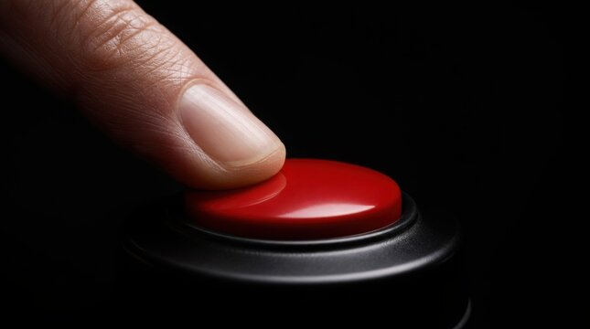A close-up of a finger pressing a red button against a dark background.
