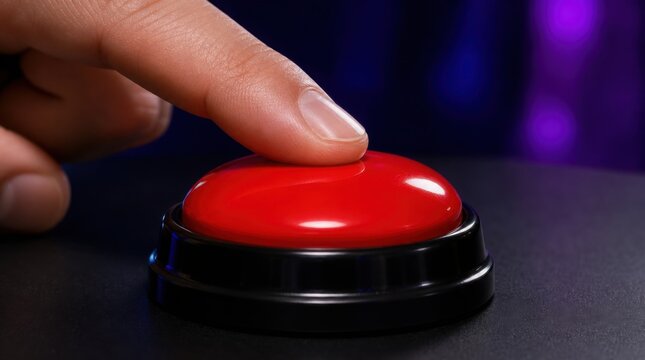 A finger is about to press a large red button on a black base, set against a dark, blurred purple background.