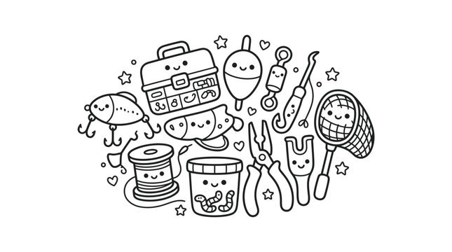 Clustered kawaii fishing tackle line art illustration.