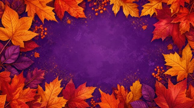 A vibrant autumn frame of red, orange, and purple fall leaves with berries surrounds a deep purple textured background.