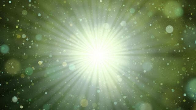 Vibrant burst of light emanates with shimmering rays and soft floating bokeh particles, loopable ethereal and energetic abstract green background