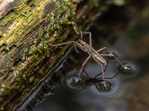 Macro shot of a water strider insect gracefully gliding on a calm river surface near a mossy log
