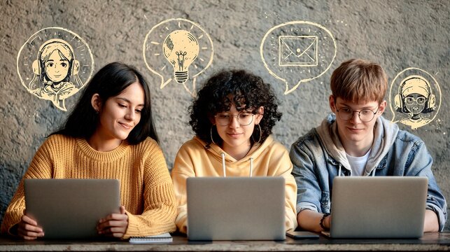 Group of young people working on laptops and brainstorming ideas in a casual setting