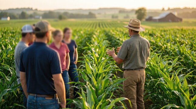 Wide shot of farmers in cornfield during sunset