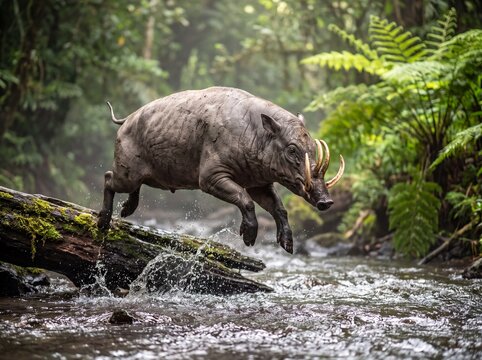 Majestic Babirusa Pig Leaping Over River on Fallen Log in Lush Indonesian Rainforest