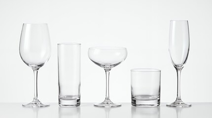 Fototapeta premium Five Different Bar Glasses in a Row Front View Isolated