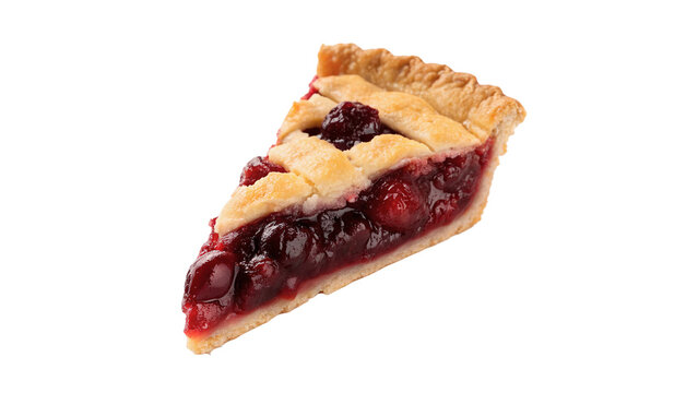 Slice of delicious sweet cherry pie isolated on a white background bakery food