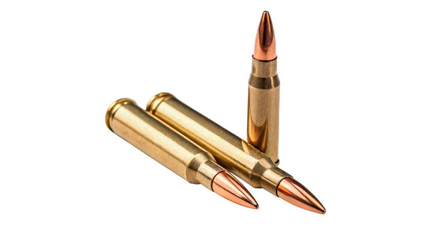 Two brass metallic rifle bullets ammunition isolated on a white background military weapon