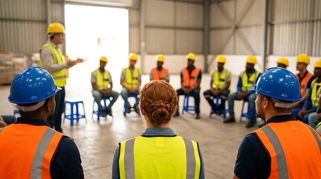 Diverse construction workers wearing hard hats and safety vests listen intently to foreman giving instructions in warehouse setting.