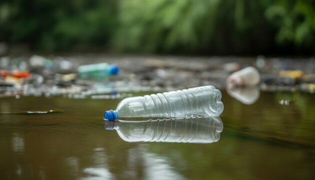 Clear plastic water bottle floating in dirty murky water surface as reminder of aquatic pollution and global water crisis.