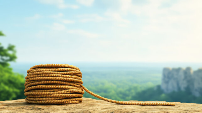 Coiled climbing rope on rock surface with scenic view of cliffs and greenery in background