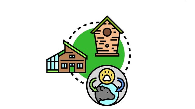 Illustrating common elements for increasing a home's natural ambiance and improving ecological balance, including a birdhouse, modern house, and wildlife integration concept