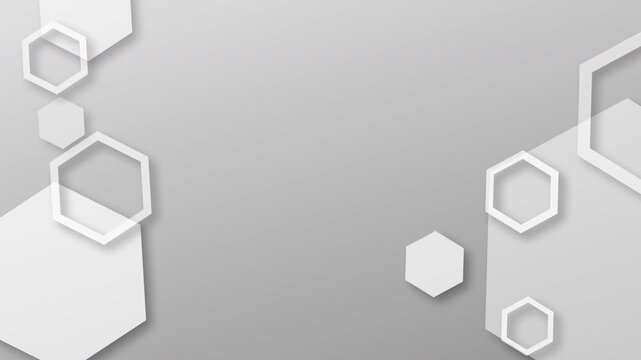 Abstract grey gradient background with floating 3d white hexagon shapes and drop shadow for modern corporate presentation