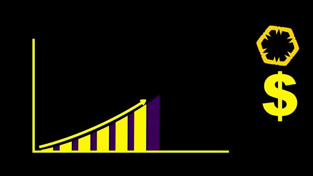 Bar chart with an upward pointing growth arrow displays financial success alongside a yellow dollar sign and corporate logo symbol on a dark black background.