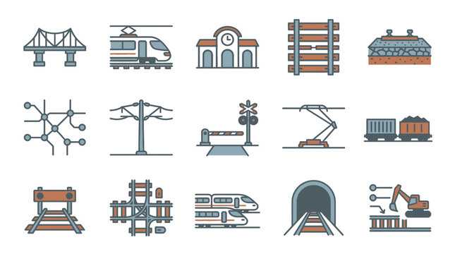 Comprehensive Set of Railway and Train Transportation Infrastructure Icons in Flat Line Design Style