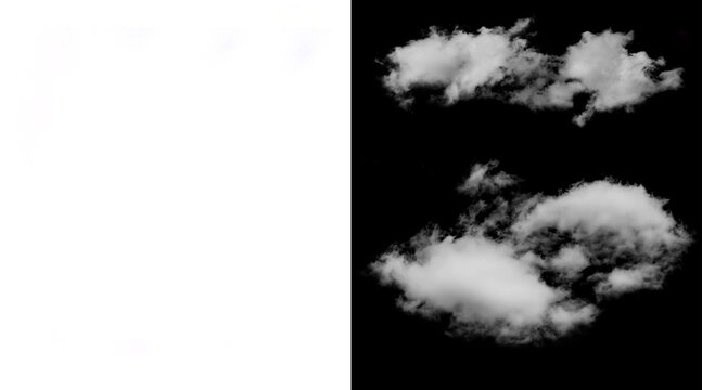 Realistic white clouds on black background, fluffy cumulus cloud cutouts for compositing, atmospheric weather elements for digital art