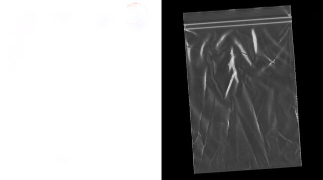 Transparent plastic ziplock bag on black background, wrinkled polyethylene pouch texture, clear sealable bag for packaging mockup