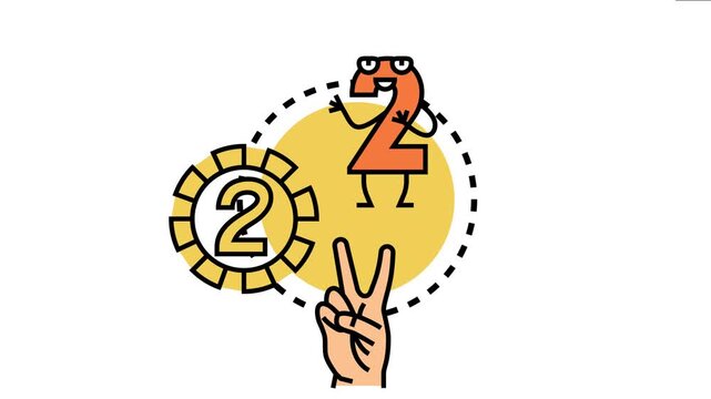Hand showing peace sign and number two characters calculation, mathematics, education, and teamwork concepts, symbolizing successful completion and partnership
