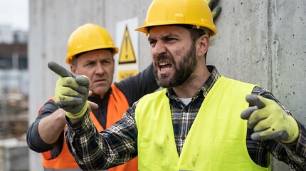 Fototapeta premium Two construction workers wearing yellow hard hats and orange safety vests argue heatedly on a construction site pointing fingers aggressively.