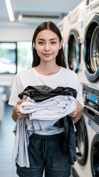 Healthy Young Asian Woman Carrying Freshly Folded Laundry in a Modern Laundromat