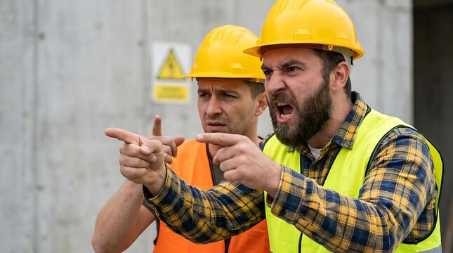 Two construction workers wearing yellow hard hats and orange safety vests argue heatedly on a construction site pointing fingers aggressively.