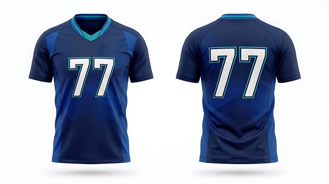 Blue sports jersey with number 77 on front and back, isolated on white background.
