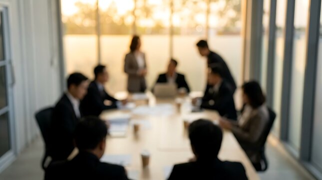 Professional business team holds brainstorming meeting inside modern corporate office with blurred silhouettes of diverse executives working around wooden table.